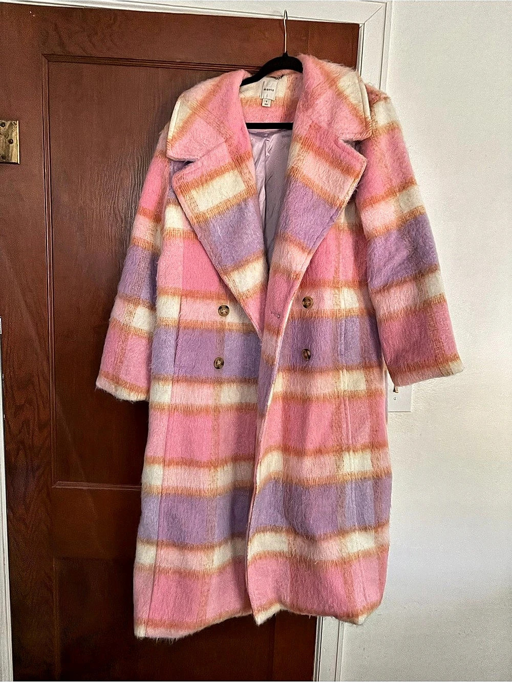maeve Wool-Blend Plaid Long Coat Pink & Purple Size Small